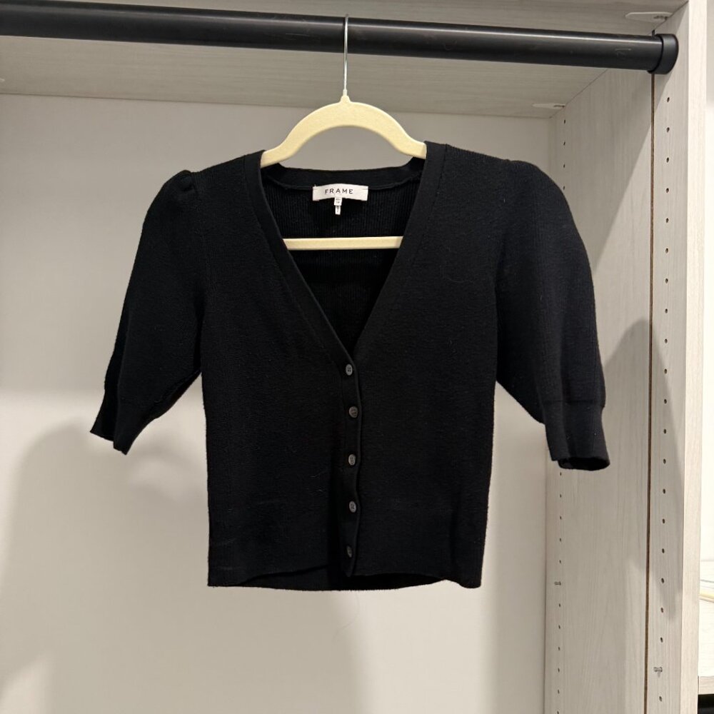 Frame Silk Blend Half Sleeve Button Down Rib Cardigan Sweater Black Women’s